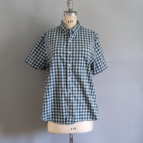 Men's J. Crew Gingham Check Button Up Short Sleeve Shirt Classic Fit Size L - Picture 2 of 6